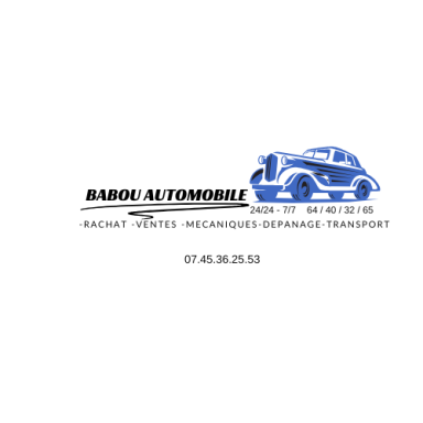 Logo de BABOU AUTOMOBILE avec une voiture rétro et des informations de contact.