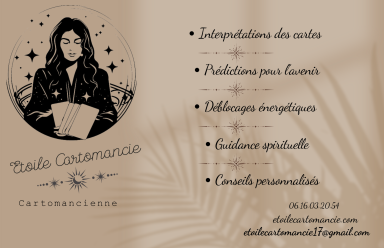 Carte de visite avec un portrait, listant des services de consultation et contact.