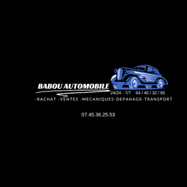 Logo de Babou Automobile avec une voiture ancienne et des informations de contact.
